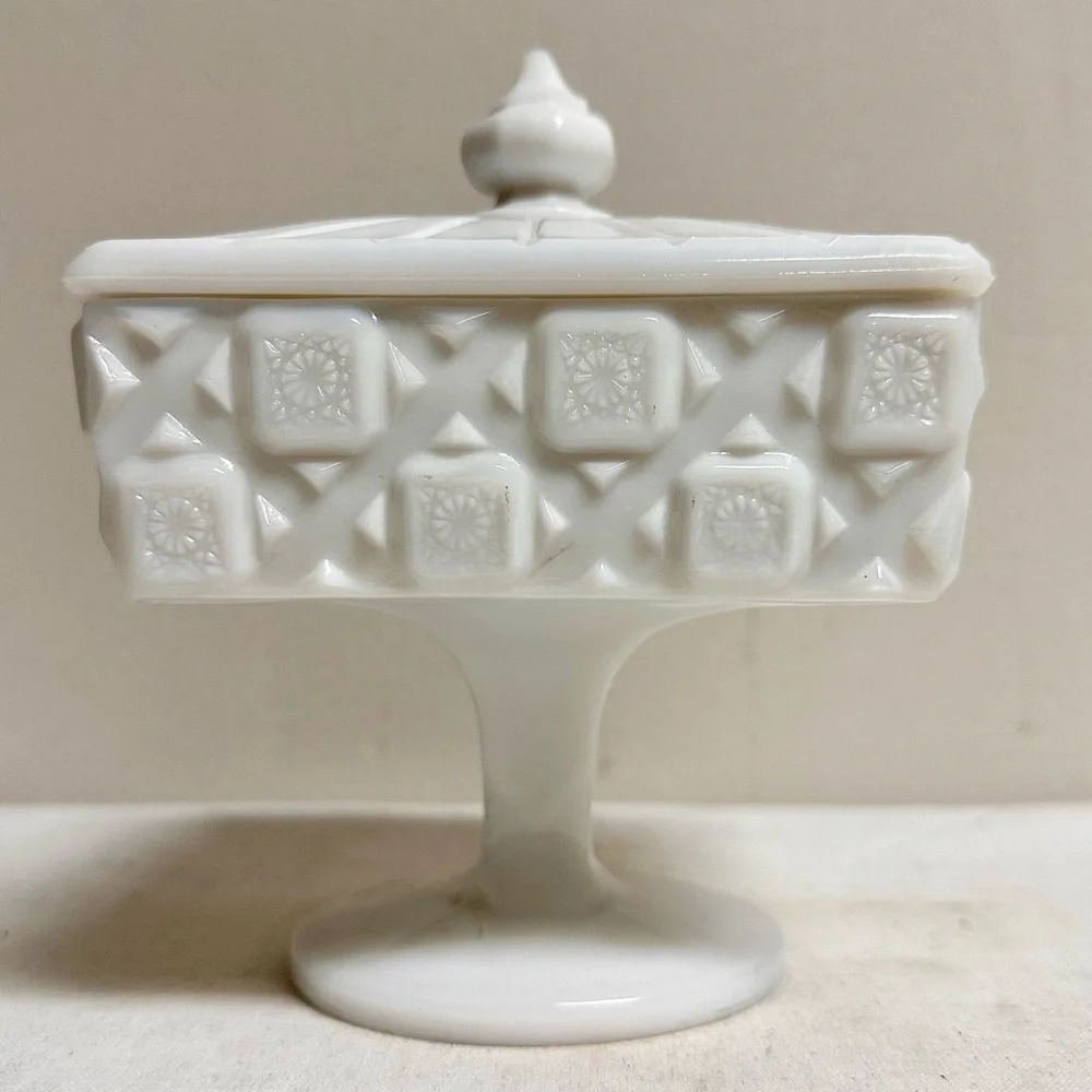 Vintage White Milk Glass Pedestal Candy Dish Diamond Quilted Westmoreland